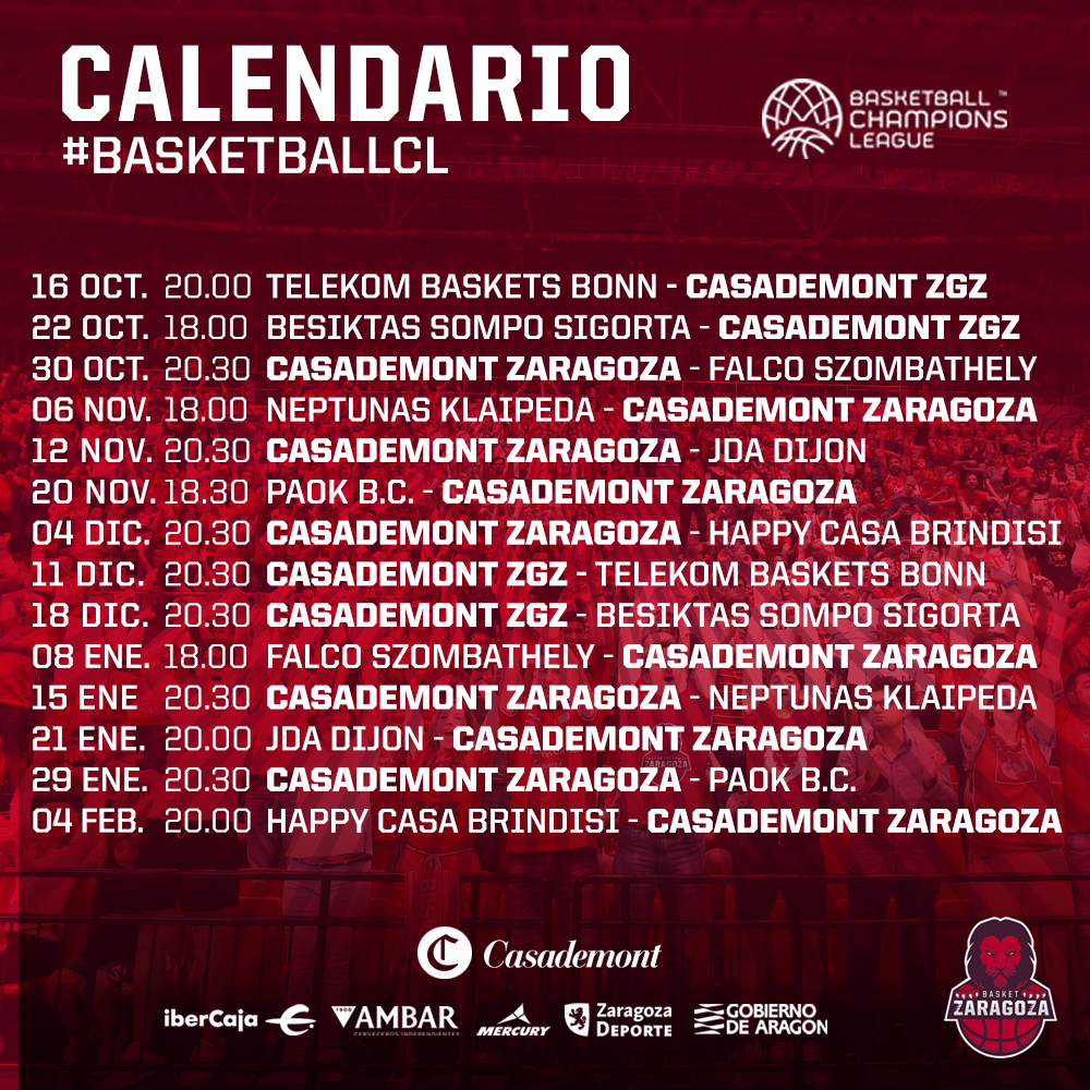 Calendario Fase de grupos BCL Basket Zaragoza 2019-2020